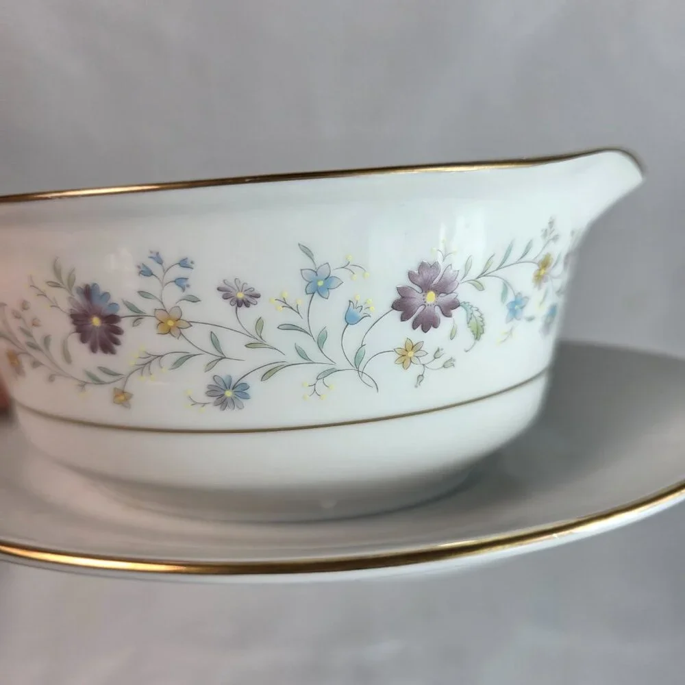 Noritake Longwood #2485 Gravy Boat with Underplate Purple, Blue & Yellow Flowers